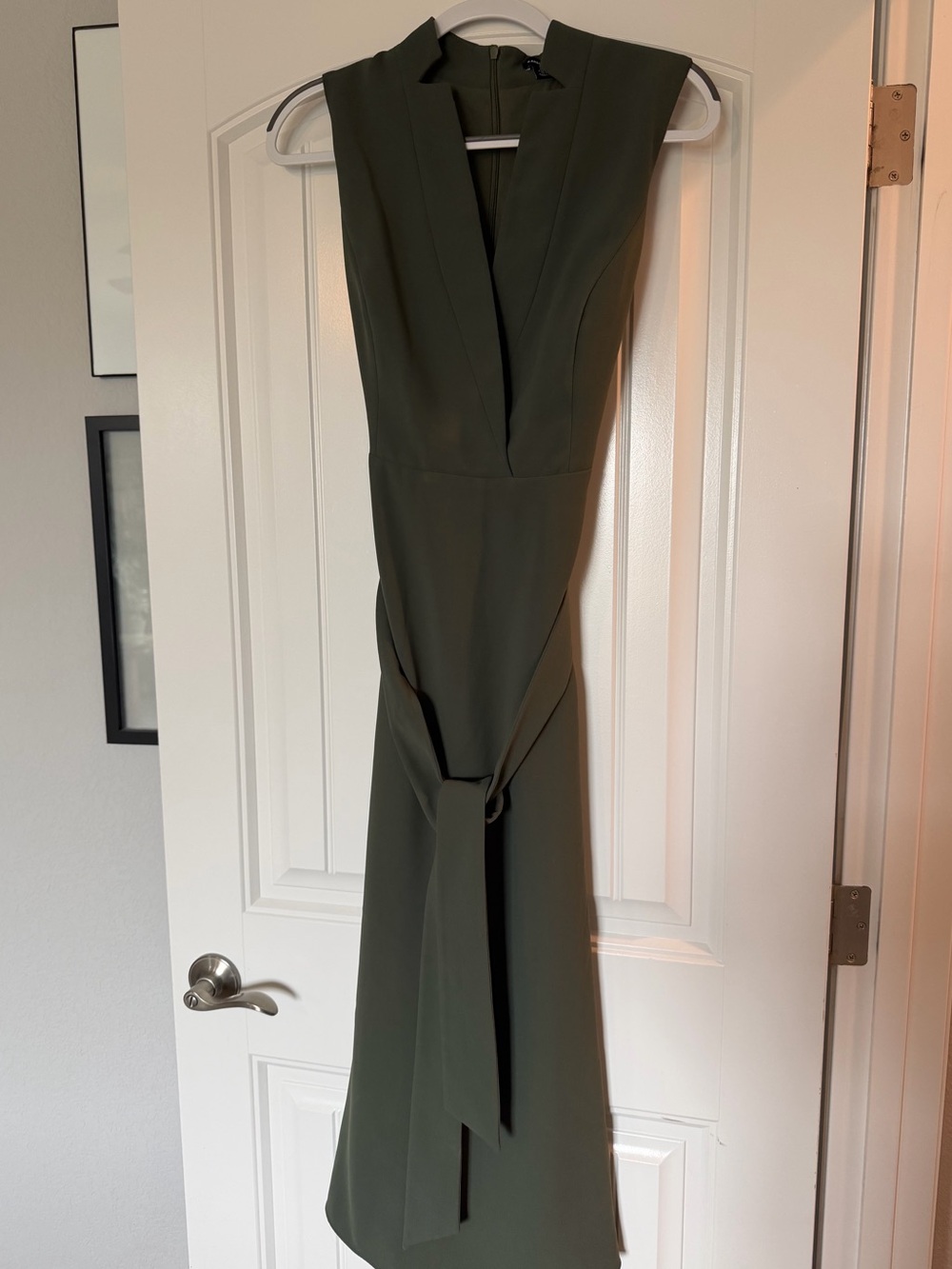 Karen Millen Olive Green V-Neck Sleeveless Dress with Waist Tie
